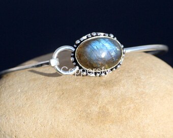 Blue Fire Labradorite Sterling Silver Bangle: Handmade Boho Jewelry gift For Christmas