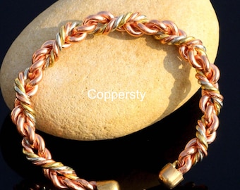 Handmade 3-Metal Twist Ring: Pure Copper Bracelet Gift , Brass Bangle Christmas gift