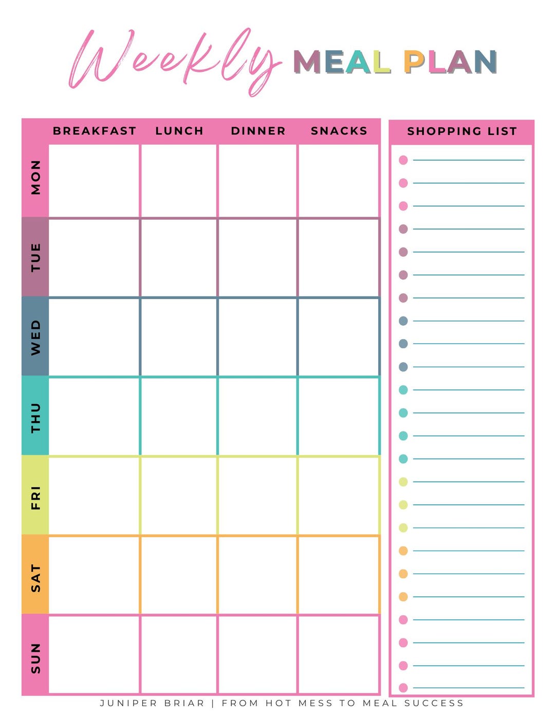 Rainbow Weekly Meal Planner Printable | Back to School Family Meal Plan ...