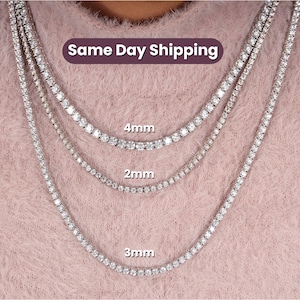May include: Three diamond tennis necklaces in varying sizes: 2mm, 3mm, and 4mm. The necklaces are displayed against a pink background. The text "Same Day Shipping" is visible at the top of the image.