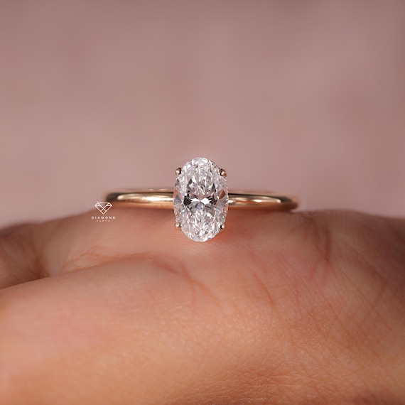 Oval Lab Grown Diamond Engagement Ring, Solid Gold Hidden Halo