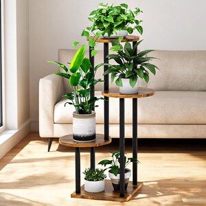 Tall Corner Plant Stand | 4 Tier Wood Metal Plant Shelf | Indoor Multi Plant Display Rack for Living Room Patio | Tiered Flower Pot Holder