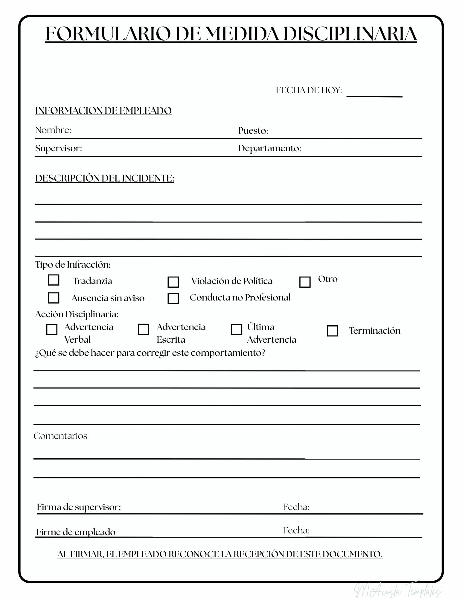 Bilingual Forms.pdf Bilingual Employee Write-up Form | Disciplinary Action Template ...