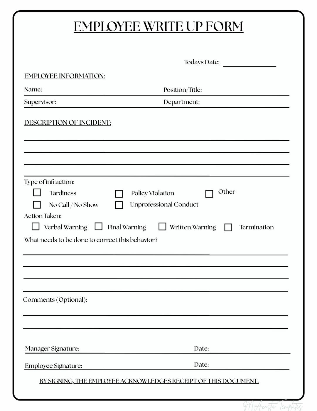 Bilingual Employee Write-up Form | Disciplinary Action Template ...