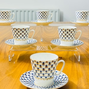 Lomonosov Imperial Porcelain “Cobalt Net” Demitasse Cup & Saucer Set of 6 – Hand Decorated – St. Petersburg, Russia