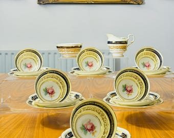 Vintage Paragon A1278 Teeservice aus den 1950er Jahren, 20-teilig, für 6 Personen, Kobaltblau, Gold, Rosa, Rosé, Fine Bone China