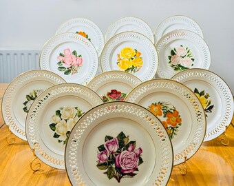 Juego de 12 platos Rose de Bing & Grondahl – Edición limitada de 1979 – Porcelana danesa – Los 12 platos Rose – Borde perforado con ribete de oro de 24 quilates – Juego completo