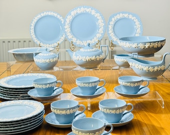 Vintage Wedgwood Embossed Queensware Lavender Shell Edge Tea & Dinner Set England  – 33 Pieces – Choose Set A or B