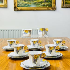 Rare Art Deco Melba Bone China “Lilac Time” Octagonal 20-Piece Tea Set– Hand-Painted Yellow Floral Handle with Raised Enamel Pattern No.3786