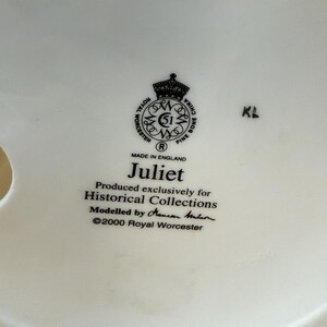 May include: Close-up of a white ceramic object with the Royal Worcester logo and the text "Juliet." The text also includes "Produced exclusively for Historical Collections" and "Made in England."