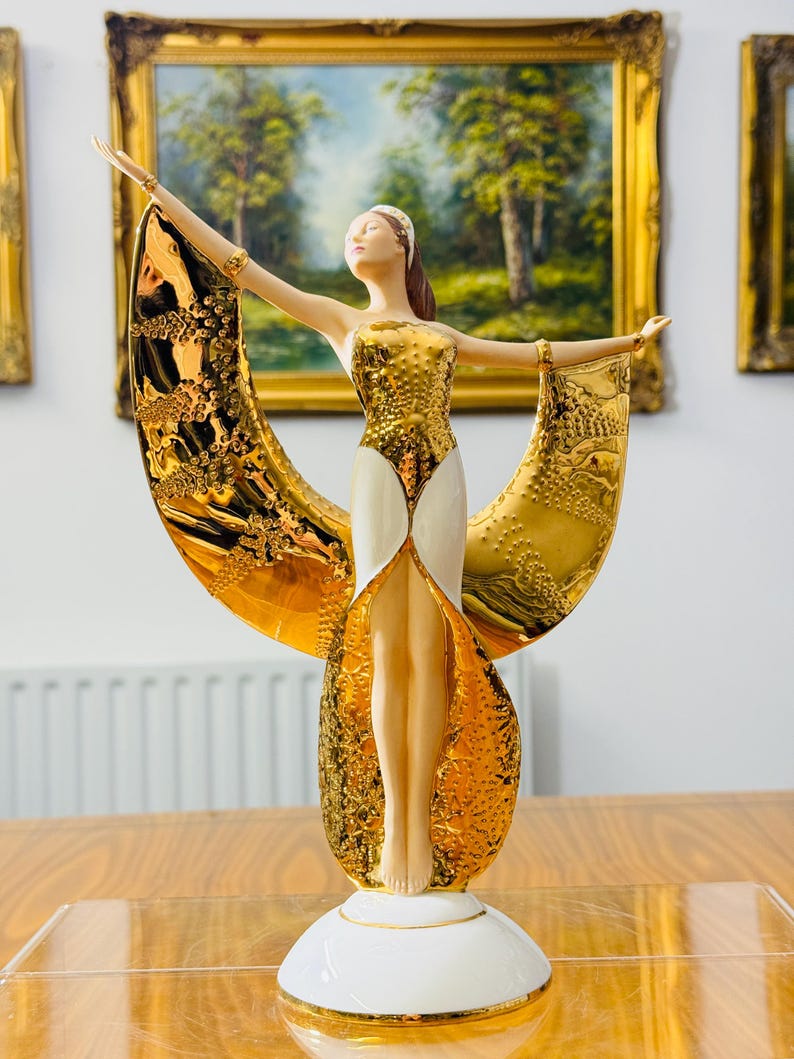 Franklin Mint Art Deco Gold Platinum Porcelain Figurines – Moonlight, Starlight, Daybreak & Sunrise – Sold Individually Sunrise in Gold