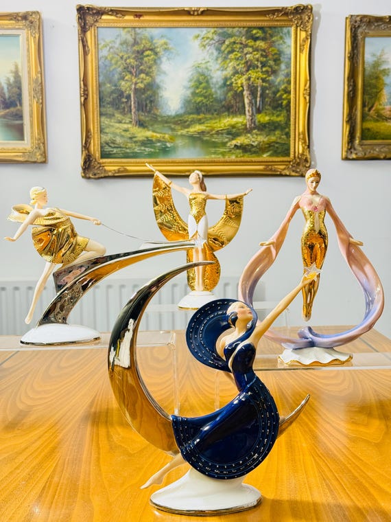 Franklin Mint Art Deco Gold Platinum Porcelain Figurines – Moonlight, Starlight, Daybreak & Sunrise – Sold Individually