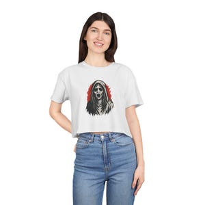 Horror-Themed Crop Tee, Halloween Shirt, Scary Women&#39;s Top, Spooky Crop Shirt, Gothic Clothing, Creepy Tee