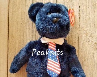 Pops, Blue Teddy Bear in Red, White and Blue Tie - Ty Beenie Babies, 2001 Vintage, Father's Day, Fourth of July, Veteran's Day, Retirement