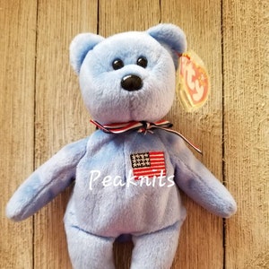 America, Blue Teddy Bear with American Flag and Ribbon - Ty Beanie Babies, 1998 Vintage, Red, White, Fourth of July, Independence Day, USA