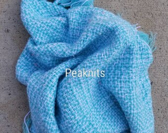 Baby Blanket, Hand Woven - Teal and White in Continuous Weave with Fringe, Travel Blanket, Small, Acrylic, Machine Wash and Dry