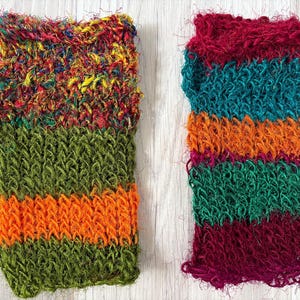 Fingerless Gloves with Thumb Hole - Accessories - Medium Short, OOAK, Recycled Silk Sari Yarn Handspun, Handknit, Baggy, Loose, Lightweight image 4