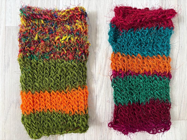 Fingerless Gloves with Thumb Hole - Accessories - Medium Short, OOAK, Recycled Silk Sari Yarn Handspun, Handknit, Baggy, Loose, Lightweight image 4