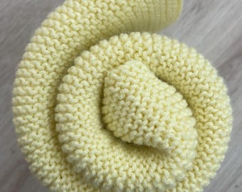 Baby Blanket - Hand Knit, Small - Solid Light Yellow in Knit/Garter Stitch - Acrylic, Machine Wash and Dry