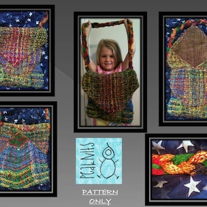 May include: A colorful woven bag with a rainbow pattern. The bag is shown in different angles and with a child wearing it. The image also includes a logo for "Peal Knits" and the text "Pattern Only".