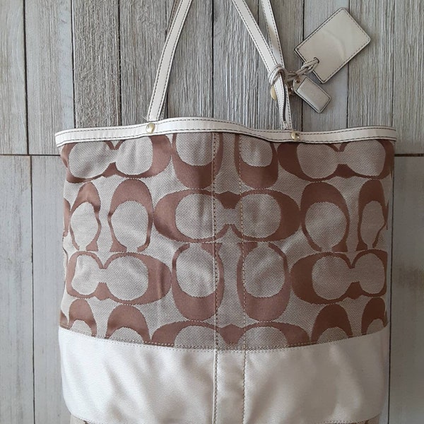 Vintage Coach Tote Bag with Handles, Tag, Information Holder, Zipper and Clasp, Brown, Tan and Cream, Leather and Cloth, Some Wear and Tear