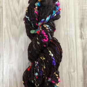 Handspun, "Scraggles", Bulky Art Yarn, Huacaya Alpaca, Sheep Wool and Scraps, 142.67 yards, 4.24 ounces, Black and Rainbow, 2 ply