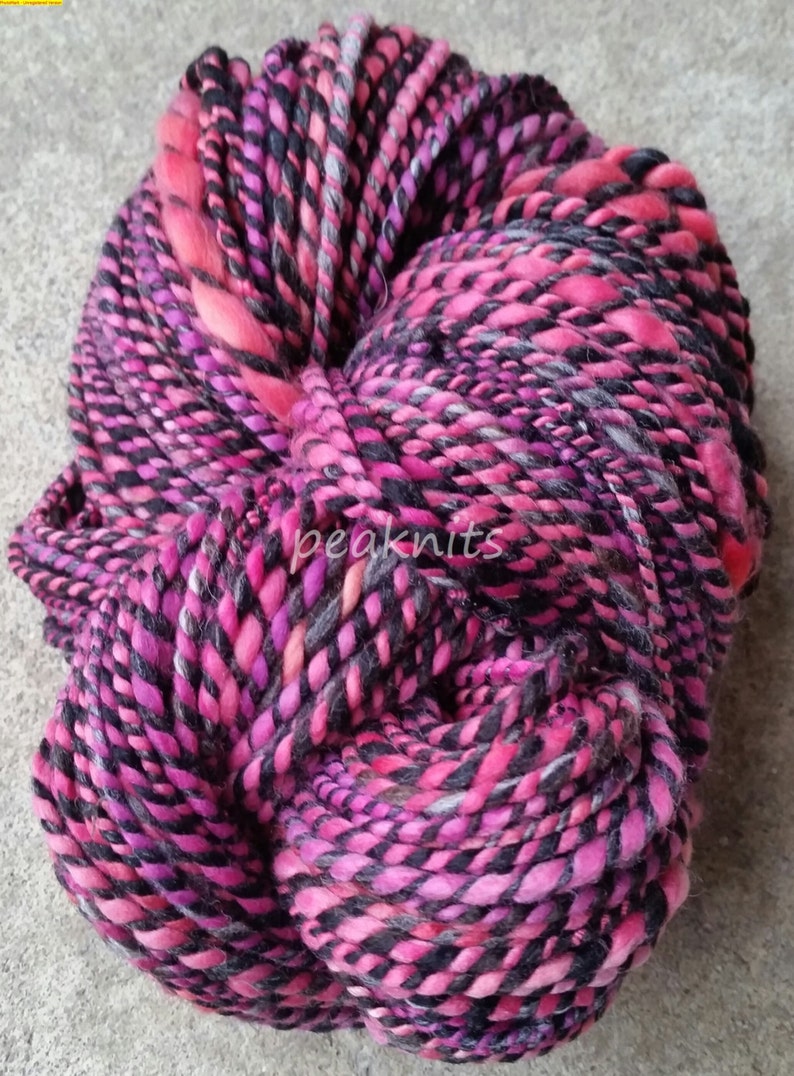 Yarn Handspun, Punk, 8 wpi, 142 yards, Pink, Black, White and Gray 2 Ply Hand Dyed Merino Wool and Nylon, 8 ounces, Bulky, One of a Kind image 2