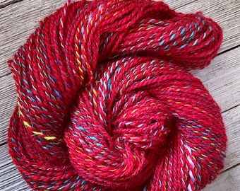 Handspun Yarn ~ &quot;Firecrackers&quot; ~ 121.33 yards, Hand Dyed Icelandic Sheep Wool, Cotswold Curls, Recycled Silk Sari Tencel - Dk Weight, 2.5 oz