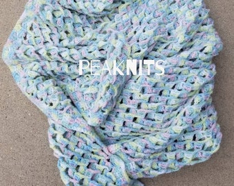 Vintage Baby Blanket - Hand Crocheted - Pastel Rainbow, Acrylic, Machine Wash and Dry, One of a Kind, Pink, Yellow, Blue, White