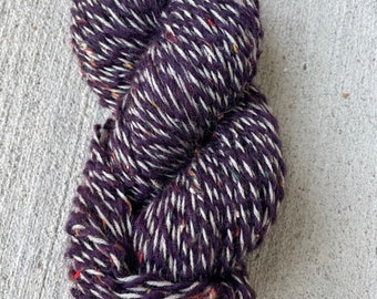 Handspun Yarn - "Achieve Grapeness” - DK Weight, 157.33 yards, Sheep Wool, 2 Ply, Purple Tweed and Brown, Barber Pole, 3.4 ounces