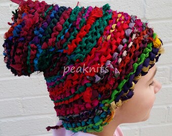Hat - Hand Knit, Fair Trade Recycled Silk Sari Ribbon in Garter/Knit Stitch - Slouch, Tam or Beanie - One of a Kind, Unique, Rainbow Colors