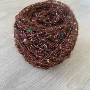 Handspun Yarn, &quot;Autumn Twilight Too” - DK Weight, Thick and Thin, 98.67 yards, Brown Suri Alpaca and Copper Sequins, 3 Ply, 1.7 ounces