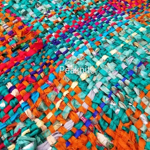 Hand Woven Throw, Accent Piece, Lap Blanket or Table Runner - Rainbow Recycled Sari Silk Ribbon, Continuous Weave, Fair Trade, One of a Kind