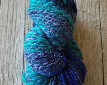 Handspun Yarn, "Bahari", Worsted Weight, 97.33 yards, Hand Dyed Silk and Icelandic Sheep Wool, 2 Ply, 2.86 ounces, Blue and Purple, Ocean