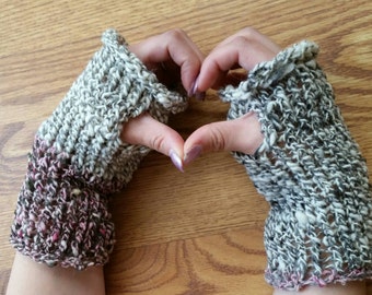 Fingerless Gloves Small/Medium Short OOAK - Merino Wool, Huacaya Alpaca, and Silver Thread with Thumb Hole - Handdyed, Handspun and Handknit