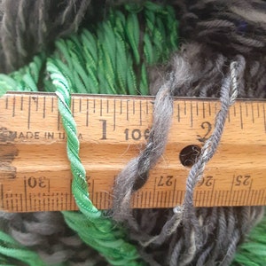 Handspun Yarn, Brujo, Bulky Weight, 222.67 yards, Thick and Thin Silk Ribbon, Merino, Corredale, Chevoit Sheep Wool, 4.875 ounces image 4