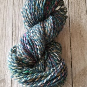 Handspun Yarn, &quot;Madre Tierra&quot;, Worsted Weight, 93.33 yards, Hand Dyed Merino and Icelandic Sheep Wool, 2 Ply, 2.88 ounces, Blue and Rainbow