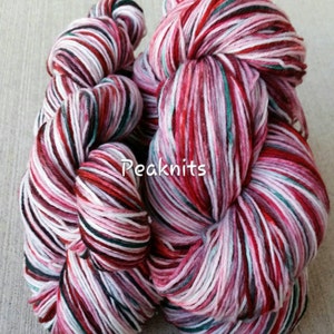 Hand Dyed Yarn, Sock Weight ~ &quot;Yule&quot; ~ Green, Red and White Multi Strand 2 Ply Superwash Wool/Nylon Blend, OOAK