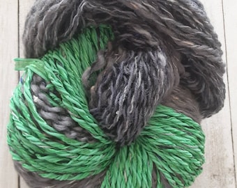 Handspun Yarn, "Brujo", Bulky Weight, 222.67 yards, Thick and Thin - Silk Ribbon, Merino, Corredale, Chevoit Sheep Wool, 4.875 ounces