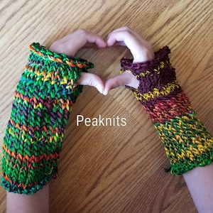 Fingerless Gloves Small/Medium Short OOAK - Recycled Silk Sari Yarn with Thumb Hole - Handspun and Handknit - Green, Yellow, Red and Orange