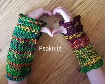 Fingerless Gloves Small/Medium Short OOAK - Recycled Silk Sari Yarn with Thumb Hole - Handspun and Handknit - Green, Yellow, Red and Orange