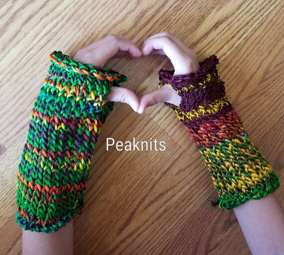 Fingerless Gloves Small medium Short OOAK Recycled Silk Sari Yarn
