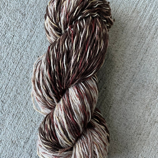 Handspun Yarn - "Whipped Chocolate Cherry", DK Weight, 249.33 yards, Hand Dyed Cotton, Merino and Icelandic Sheep Wool, 2 Ply, 4.7 ounces