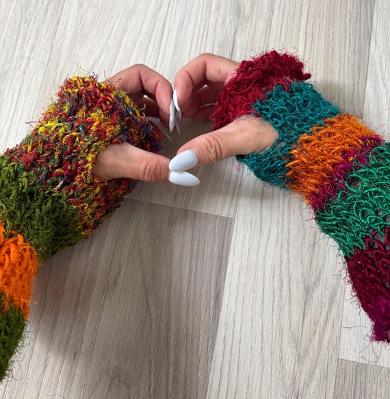Fingerless Gloves with Thumb Hole - Accessories - Medium Short, OOAK, Recycled Silk Sari Yarn Handspun, Handknit, Baggy, Loose, Lightweight
