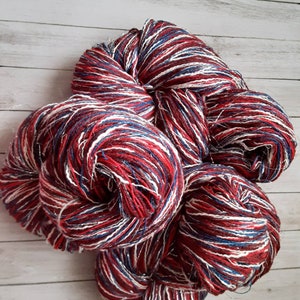 Custom Yarn - &quot;Fireworks&quot; -  250 yards, 11 Ounces, Single Skein - Red, White, Blue and Silver, Multi Strand, Bulky, 5 ply,  Independence Day