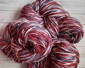 Custom Yarn - "Fireworks" -  250 yards, 11 Ounces, Single Skein - Red, White, Blue and Silver, Multi Strand, Bulky, 5 ply,  Independence Day