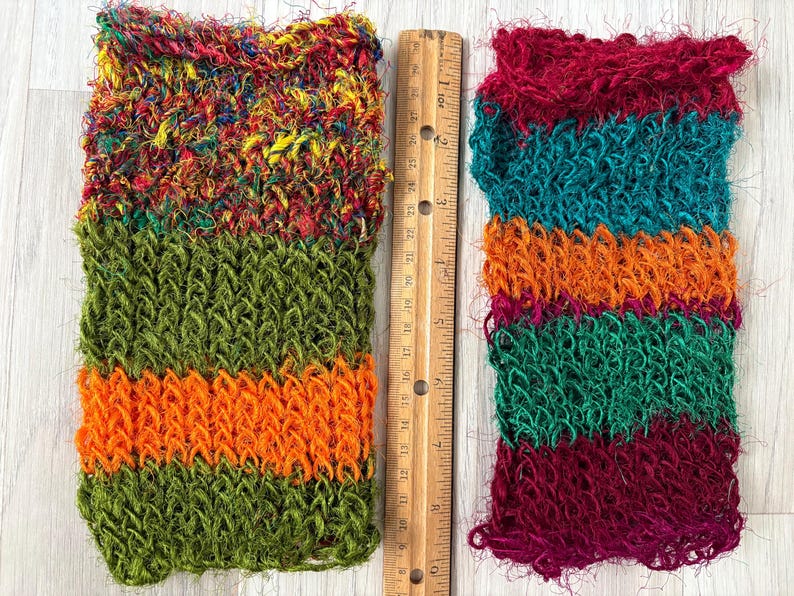 Fingerless Gloves with Thumb Hole - Accessories - Medium Short, OOAK, Recycled Silk Sari Yarn Handspun, Handknit, Baggy, Loose, Lightweight image 6