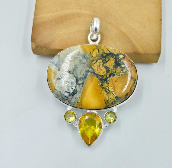 Handmade Oval Maligano Jasper Pendant: 925 Sterling Silver Plated Designer Gemstone