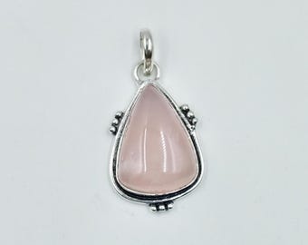 Handmade Teardrop Rose Quartz Pendant, 925 Silver Plated