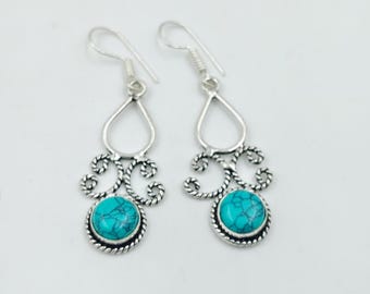 Handmade Tibetan Turquoise Brass Dangle Earrings